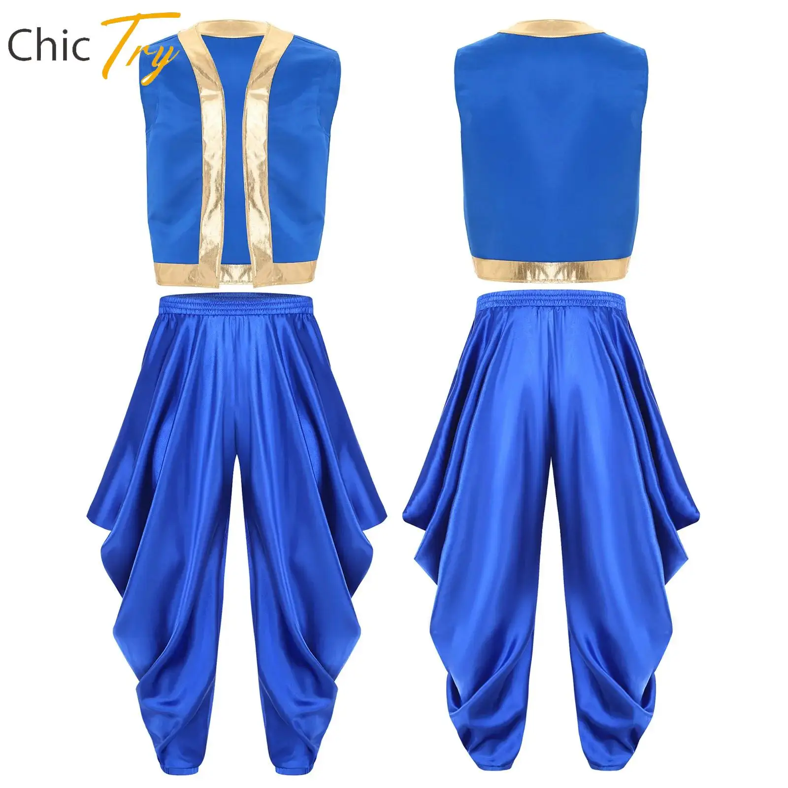 

Adult Mens Arab Prince Cosplay Costume Open Front Vest with Loose Harem Pants for Halloween Carnival Fancy Dress Performance Set