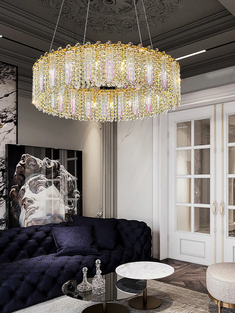 Crystal Feather Tassels Luxury Villa Ceiling Chandeliers LED Round Hanging Lamps Hall Lights for Living Room Suspension Lustres