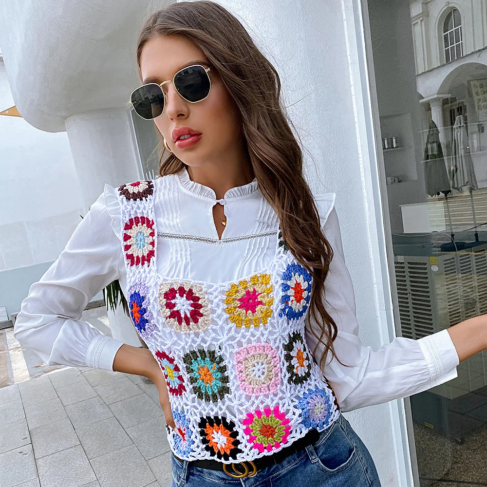 H80 & S90 nowych kobiet ręcznie w stylu Vintage lato czechy Patchwork bez rękawów wielu Cami szydełka drążą Retro plażowe stroje kąpielowe zatuszować