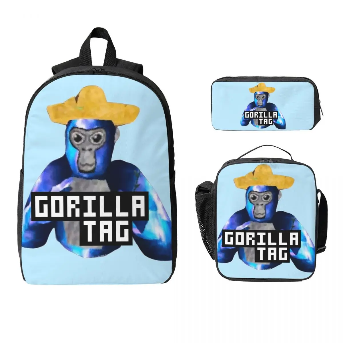 

Gorilla Tag Желтая шляпа Gorilla Tag Merch Рюкзак Студенческая сумка для книг для мальчиков и девочек Школьная сумка 3 шт. Изолированная сумка для обеда Пенал