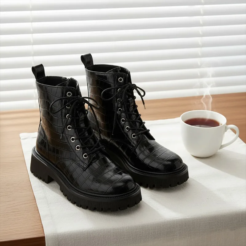 

Модные ботильоны с боковой молнией 2025 года, нескользящая износостойкая женская обувь на платформе со шнуровкой и круглым носком на блочном каблуке