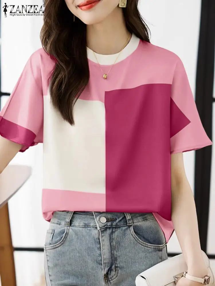 

ZANZEA Streetwear Korean Fashion Blouses Summer Daily Commute Short Sleeve O Neck Blusas Mujer Color Block Elegant Shirt Tops