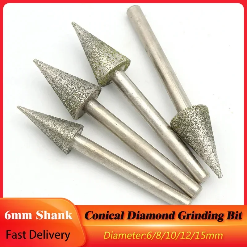 

6mm-15mm Conical Diamond Grinding Heads 6mm Shank Triangle Grinding Needle Polishing Bit For Stone Jade Engraving Rotary Tools