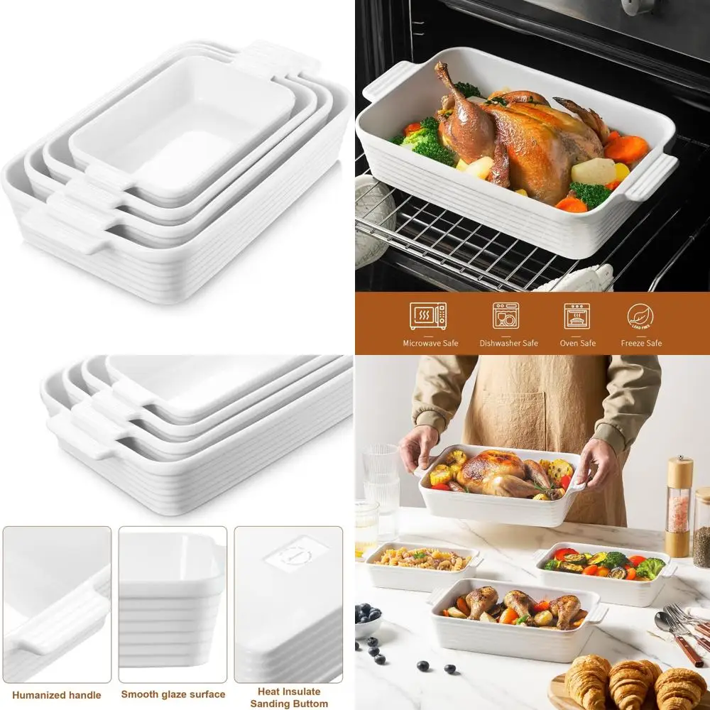 

casserole dishes for oven, 4-piece porcelain baking dish, rectangular ceramic bakeware sets with handles, deep lasagna pan for