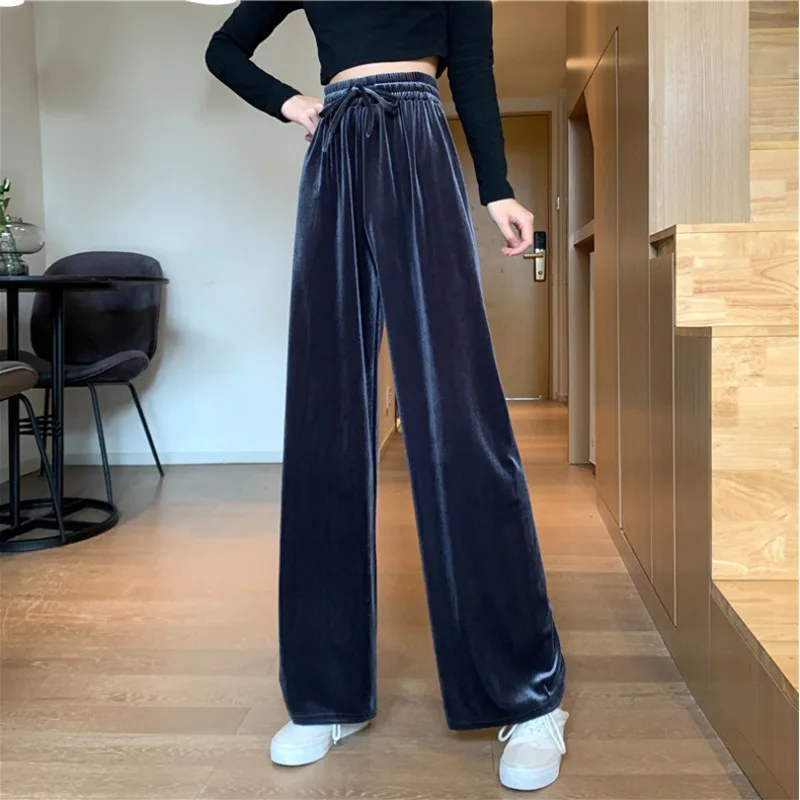 

Брюки женские осенние с высокой талией, новые широкие брюки с завязками, бархатные драпированные прямые однотонные модные универсальные брюки с темпераментом
