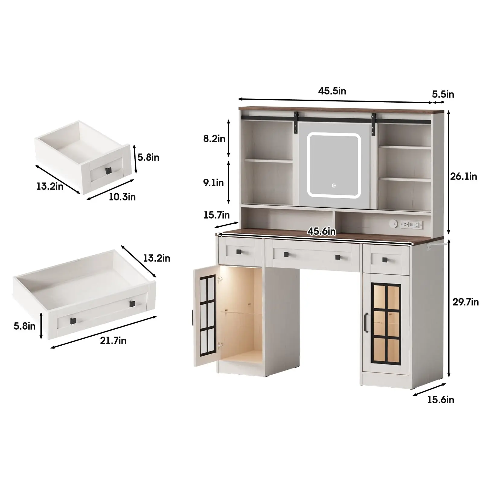 Vabches Vanity Makup Desk with Sliding Mirror&Lights Farmhouse Large Vanity Set for Bedroom Dressing Table with Charging Station