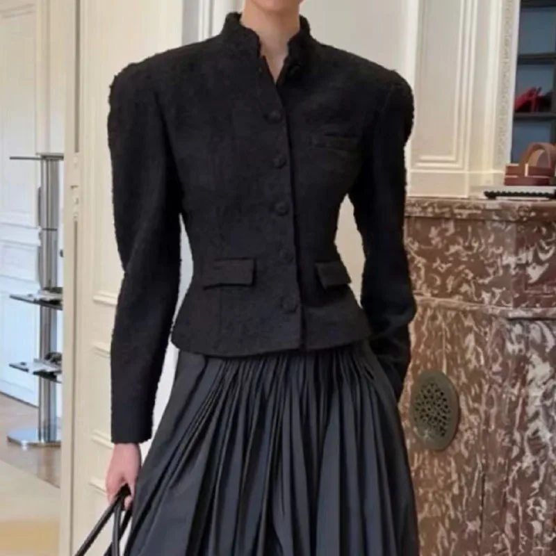 Women's Stand-Collar Wool Coat, Single-Breasted Black Blazer, Stylish and Versatile Top, High-Quality Suit, 2026, New Arrival,