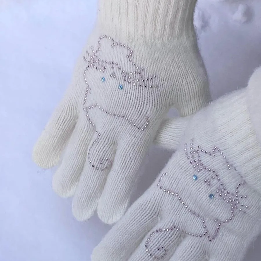 Cute Cat Rhinestone Knitted Split Finger Gloves Plush Rabbit Fur Winter Warm Mittens Kawaii Lolita Gloves JK Accessories