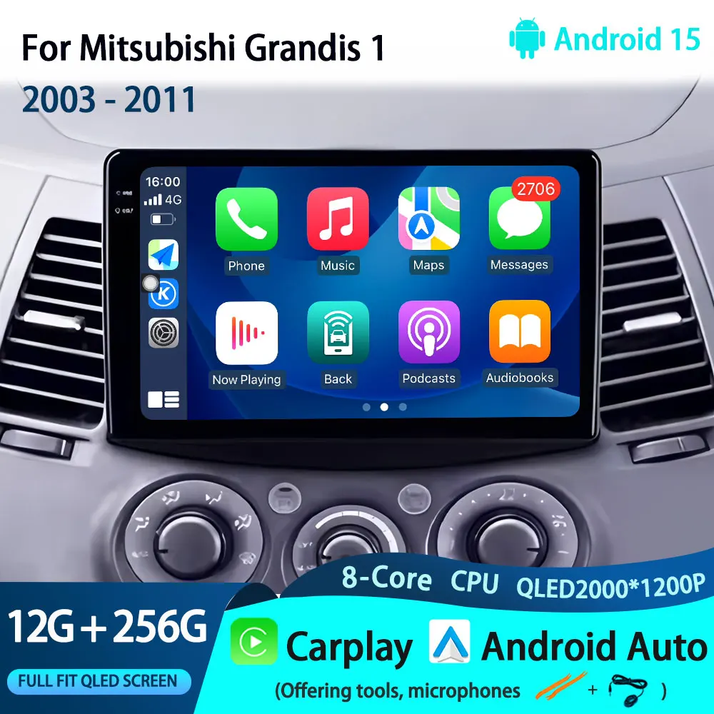 Android 15 Car Radio For Mitsubishi Grandis 1 2003-2011 Wireless Carplay Auto QLED GPS Multimedia Player Navi Head Unit Stereo