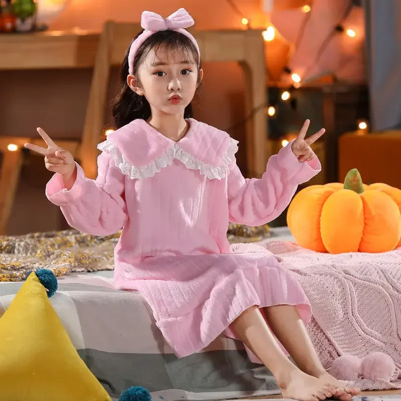 Autumn Winter Flannel Girls Pajamas Nightdress Sweet Cute Long Sleeved Nightgown Baby Lapel Pajamas Comfortable Home Clothes