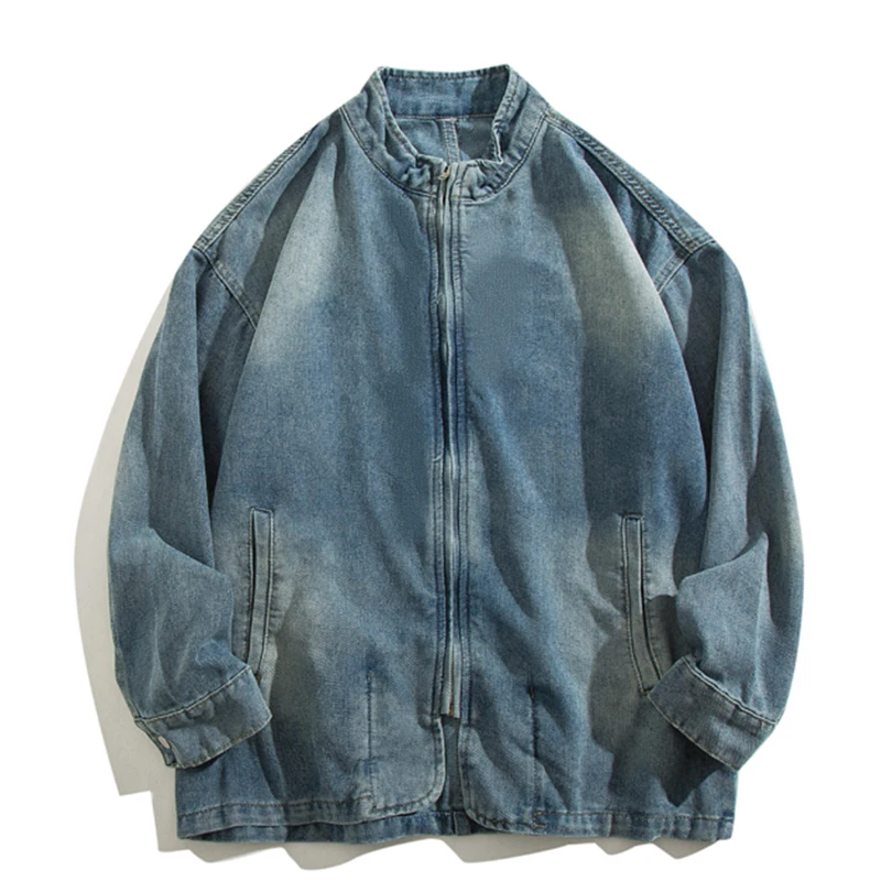 

Men Vintage Denim Jacket Spring Autumn New American Casual Loose Fashion Stand-up Collar Coats Women Versatile Zipper Blue Tops