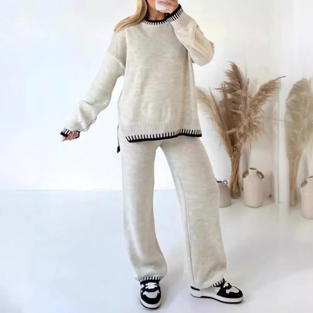 2 Pcs/Set Winter Women Sweater Pants Set Loose O Neck Long Sleeves Sweater Wide Leg Trousers Outfit Lady Homewear