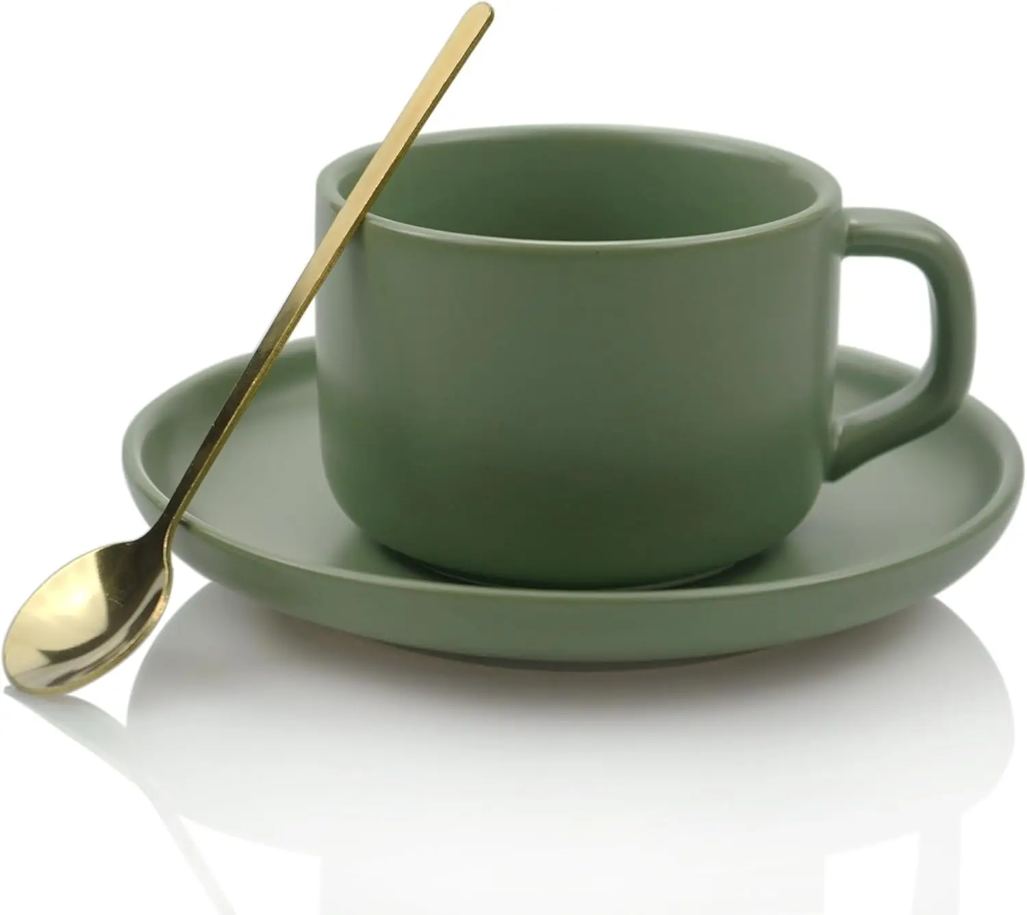 6 Ounce Porcelain Coffee Cups with Saucer and Spoon for Espresso, Latte, Cappuccino, Green