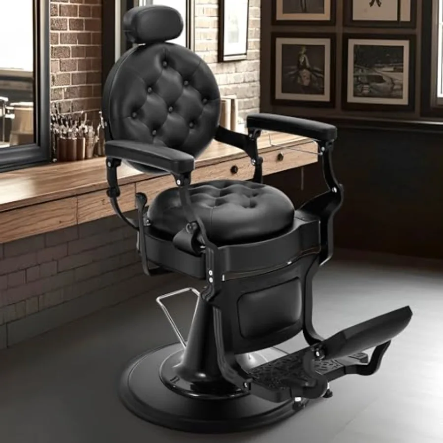

Heavy Duty Barber Chair for Barbershop: Black PU Leather, 360 Swivel, Adjustable Footrest Headrest, Vintage-Style Professional