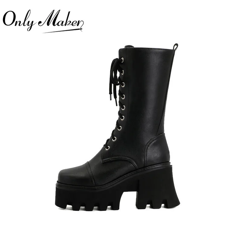 Onlymaker Platform Thick Heel Mid-Calf Boots PU Lace Up Chunky Punk High Heels Black Booties