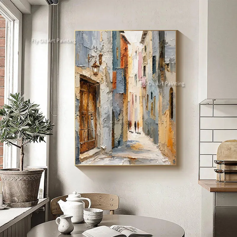 Rustic Italy Narrow Alley Wall Painting, Stone Archway & Vintage Street Lamp, Textured Vertical Canvas Art for Entry Decor