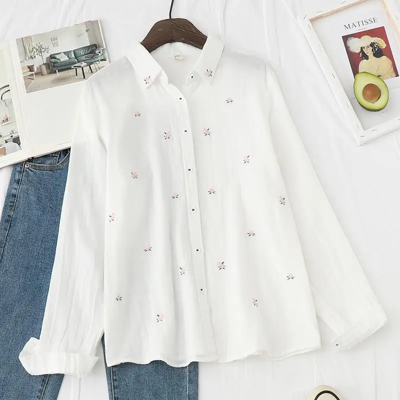 

Japanese Double-layer Cotton Yarn Long-sleeved Shirt Spring New Lapel Embroidered Floral Cardigan