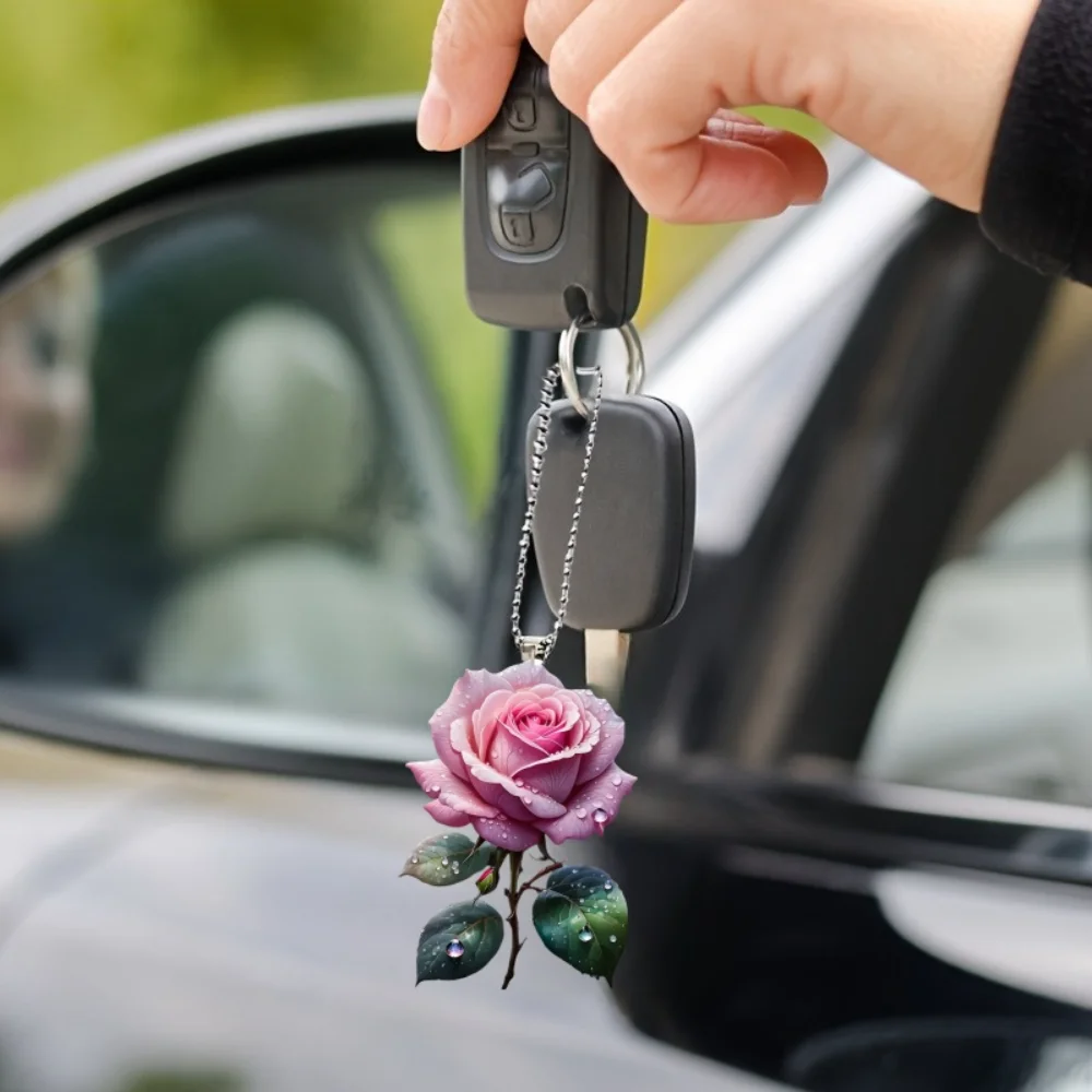 Chic Pink Rose Acrylic Pendant Versatile Charm Charming Flower Keychain for Car Mirrors,Backpack,Home,Festive Party,Gift & Decor