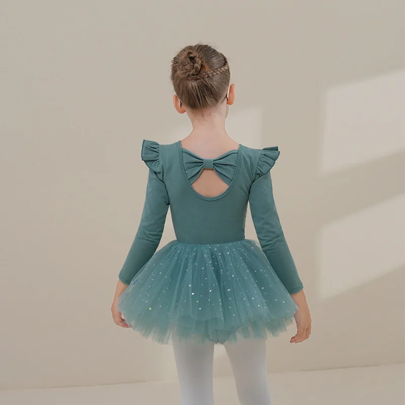 Long Sleeved Ballet Leotards for Girls with Sequin Skirts Set Dance Wear Ballet Tutu Outfits Vestidos Kids Performance Costume