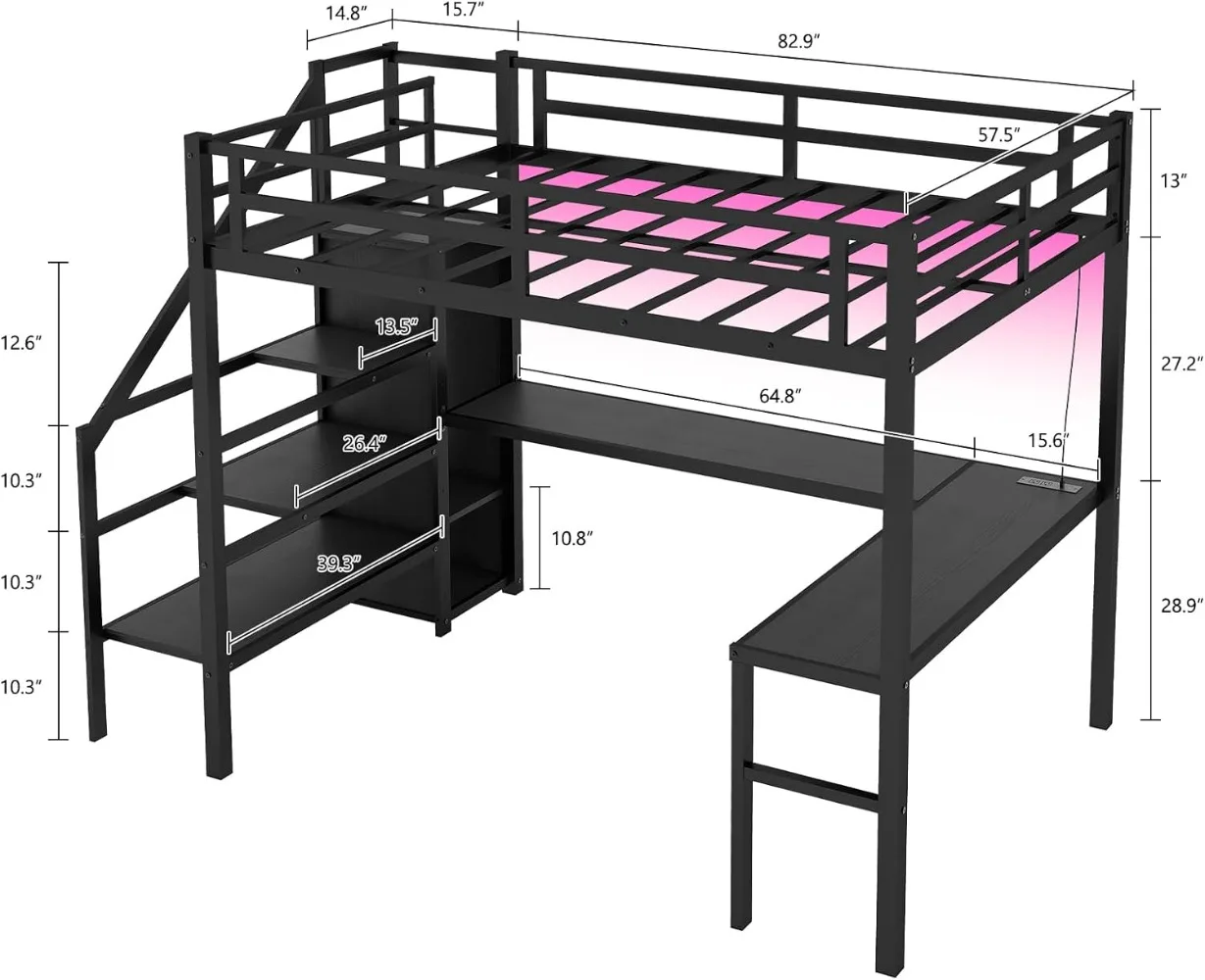 Full XL Size Loft Bed with Desk and Wardrobe, Metal Heavy Duty Loft Bed Frames with Storage Stairs, LED Lights, Charging Station