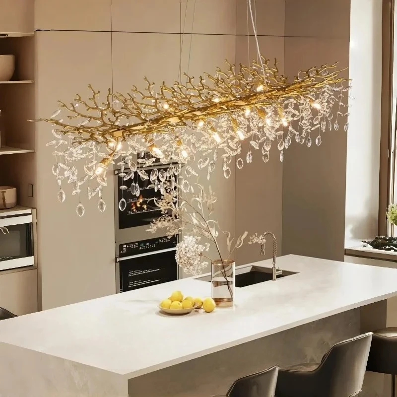 

Rectangular Modern Black Glod Branch Crystal Chandelier for Dining Table Living Room Dimmable Crystal Pendant Light Kitchen Vila