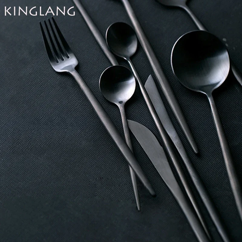 

KINGLANG 4 шт./компл. полностью черные столовые приборы, нож для западной еды, маленькая кофейная ложка, столовые приборы для ресторана, обеденная ложка