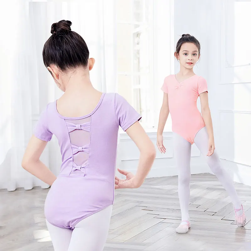 Girls Ballet Leotards Bowknot Dance Leotard Cotton Short Sleeves Mesh Splice Gymnastic Dance Bodysuit Kids Dancewear Costumes