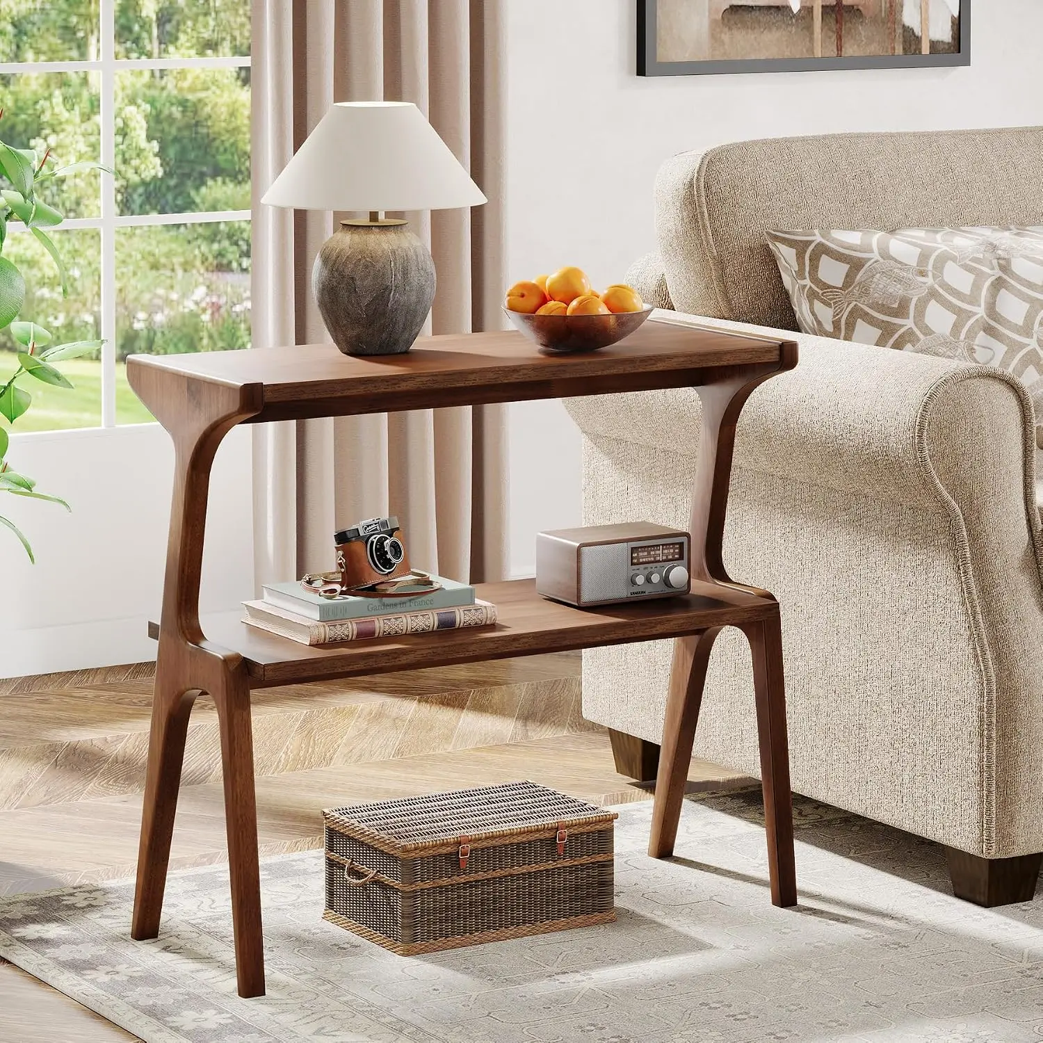 Wood Side Table, 2-Tier Rustic Couch End Table with Storage Shelves, Tall Sofa End Table with Cute Legs, Long, Customized