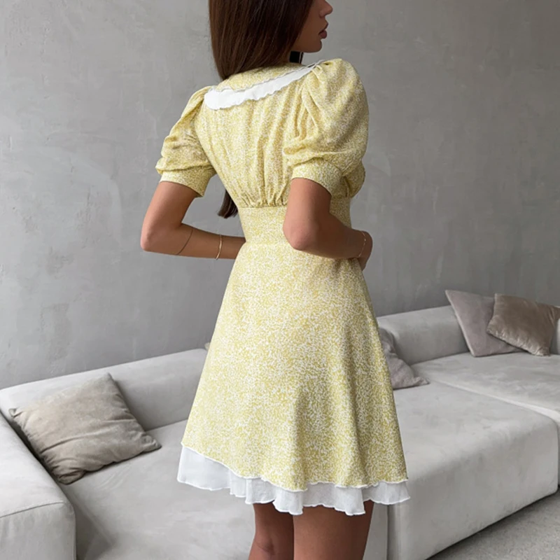 Spring Short Printed A-line Dresses Spring Women Puff Sleeve Ruffle Zipper V-neck Dress Autumn High Waist Big Swing Mini Dress