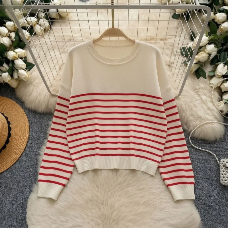 Loose Casual Ladies Color‑Block Striped Knit Pullover Sweater Elastic o Neck Long Sleeve Jumper Women Autumn Winter Fashion Tops