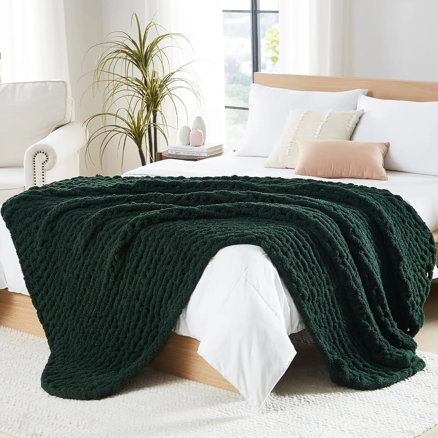 

Chunky Knit Blanket Throw: 50''x60'' Chenille Handmade Thick Cable Knit for Bed Couch Home Decor in Olive Green