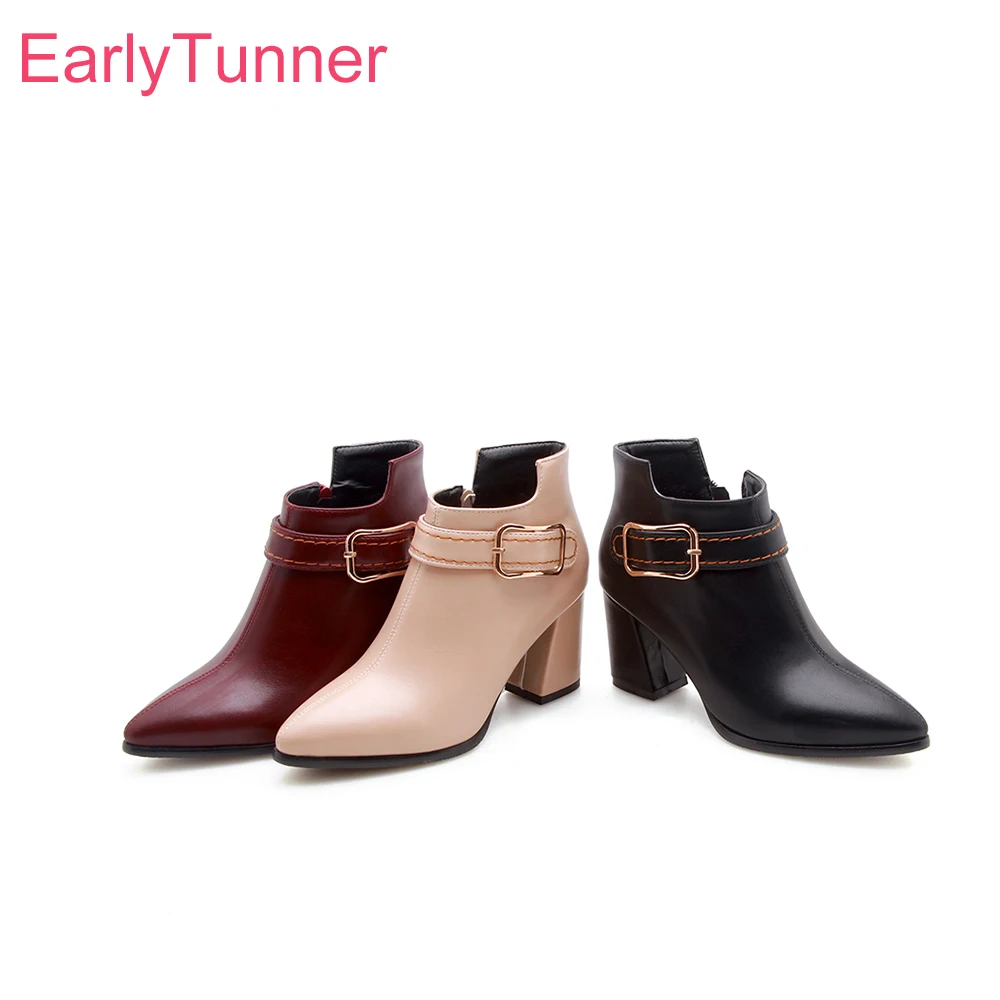 Sale  Brand New Winter Wine Red Beige Women Ankle Riding Boots Lady Party Shoes Chunky Heels EK183 Plus Big Size 10 32 43 47