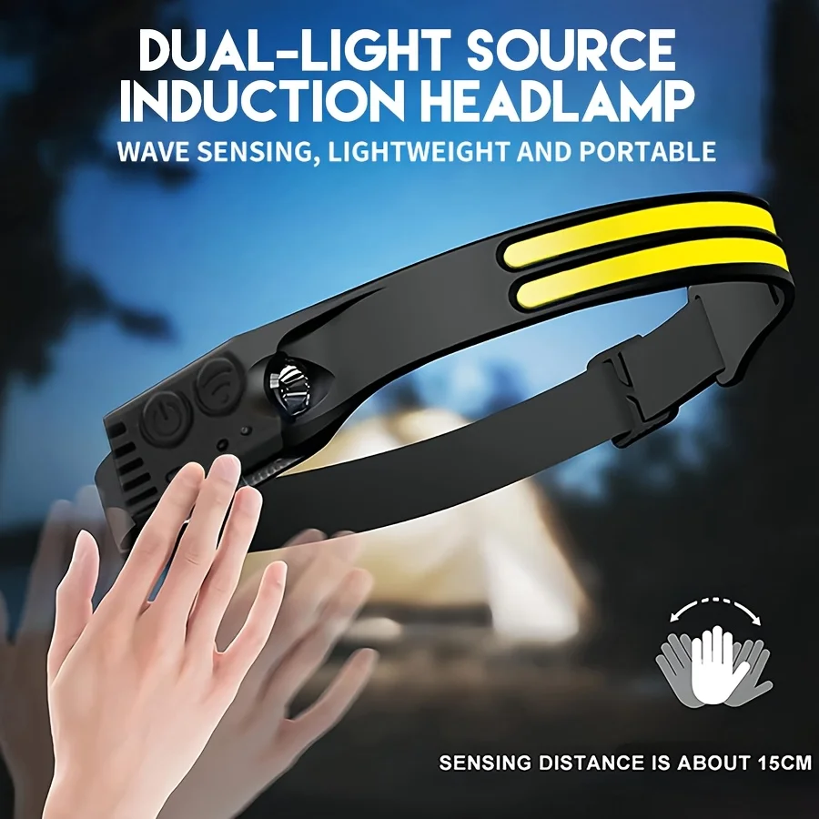 LED COB Induction Headlamp Built-in Battery Sensor Head Flashlight USB Rechargeable 5 Lighting Modes Waterproof Headlight