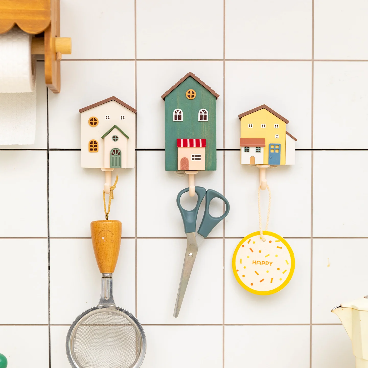 Cute Mini House Wooden Key Hook Wall Hanging Coat Hook Home Decor Hook Kitchen Accessories  Bags Hat Hanger Storage Organizer