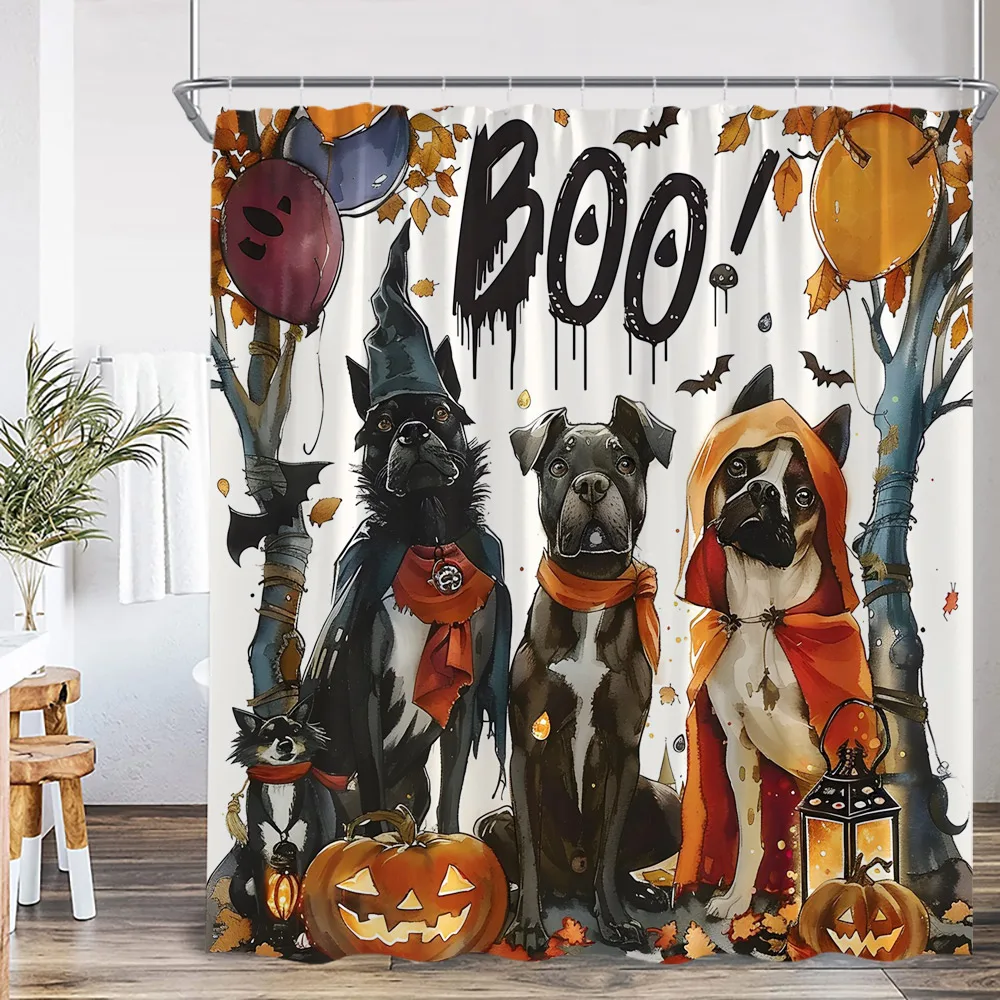 Funny Dog Cat Happy Halloween Shower Curtain Cute Wester Ghost Pumpkin Lantern Haunted House Scary Bathtub Curtain for Bathroom