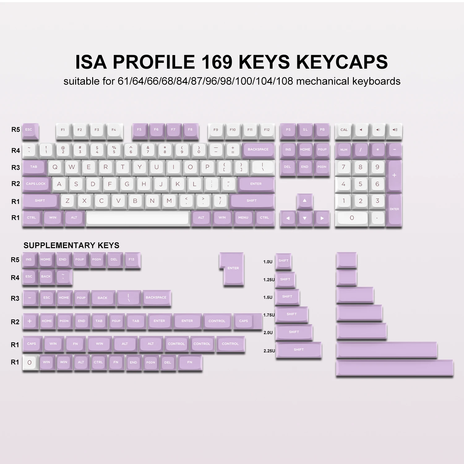 189 Key PBT Keycaps Double-shot Purple White ISA Profile Kit Key Cap for Cherry MX Switches 61/68/108 Mechanical Gaming Keyboard