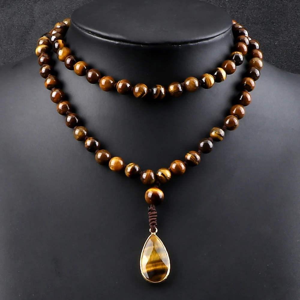 8mm Tiger Eye Stone Necklace Drop Pendant Handmade Knotted Irregular Hematite Beaded Necklaces Health Protection Mala Jewelry