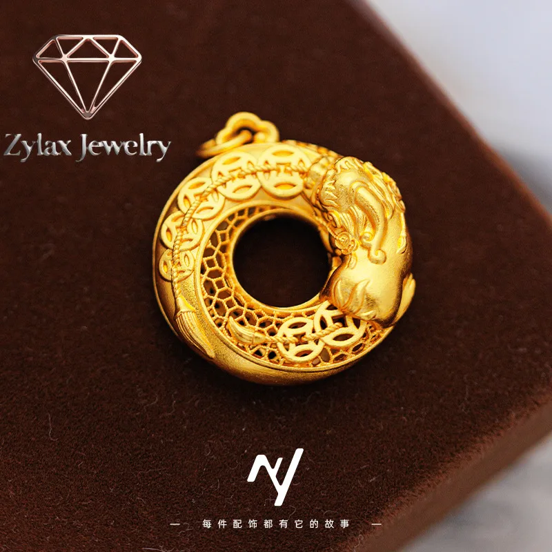 Zylax Jewelry Luxury 24K 9999 Pure Gold real gold Hollow-out silk five emperor money brave money peace buckle