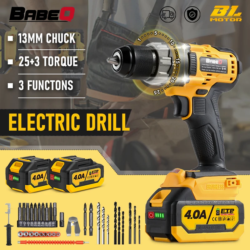 BABEQ 20V Cordless Impact Drill Set Rechargeable Brushless Electric Drill Multi-function Electric Screwdriver Home Power Tools