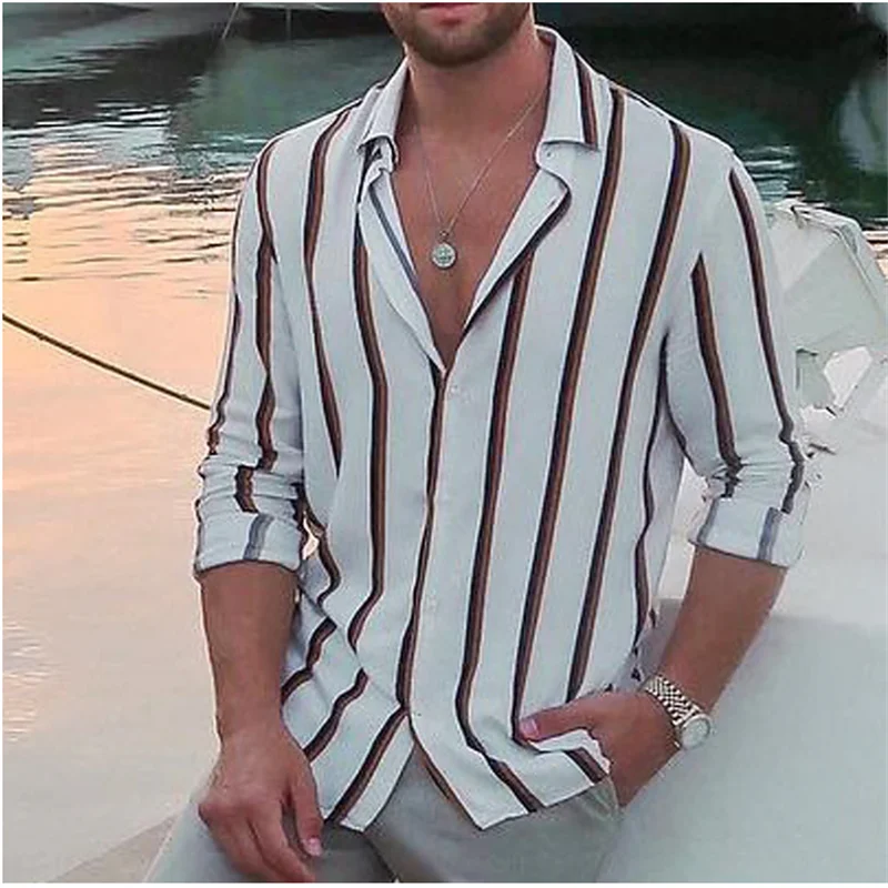 Fashion Summer Men\'s Shirt Button Up Top Black Pink Blue Long Sleeve Striped Lapel Shirt Street Daily Clothes Casual Comfortable