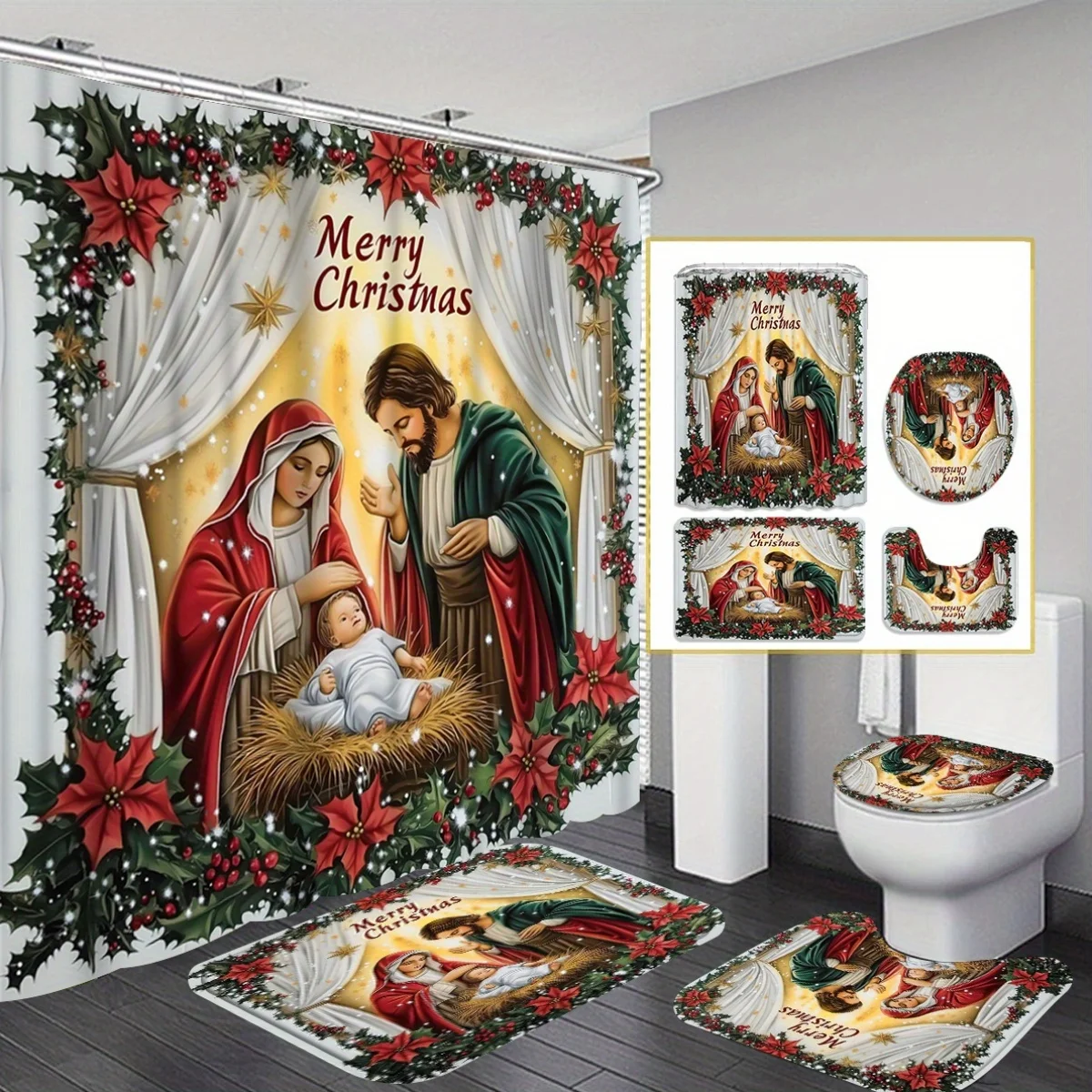 

Набор занавесок для душа с рисунком Марии, нескользящим напольным ковриком, U-образной подушкой и подкладкой для крышки унитаза, функциональным декор для влажной и сухой уборки ванной комнаты