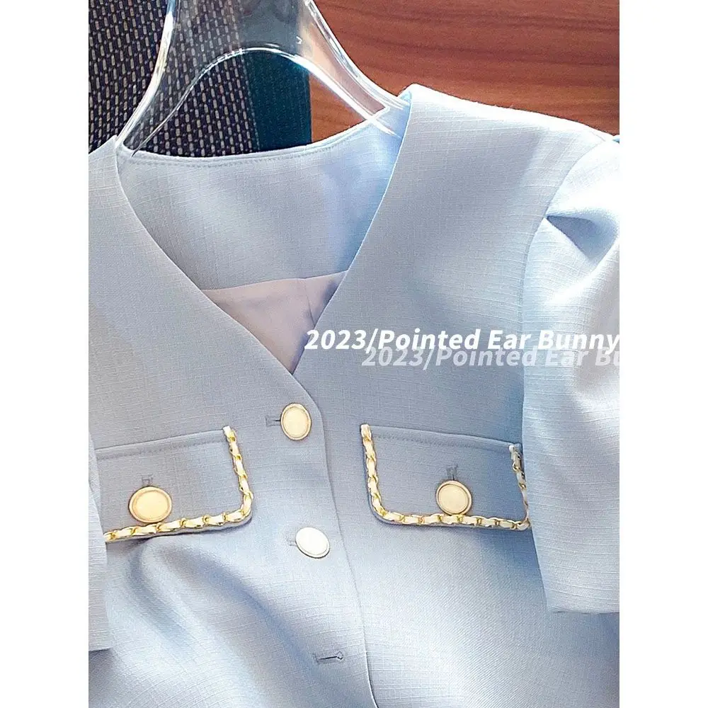 Summer Cropped Blazers Pants Two-piece Set for Women Fashion Short Sleeve V-neck Jacket High Waist Trousers 2pc Suit Office Lady