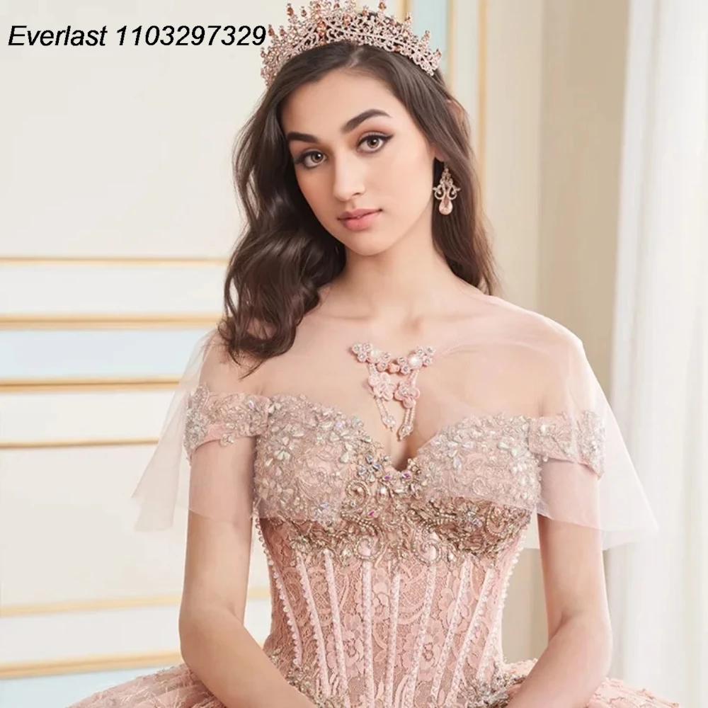 EVLAST-Robe de Quinceanera champagne personnalisée, robe de Rh, appliques en dentelle, perles, corset mexicain, Sweet 16, robe éducative, TQD849