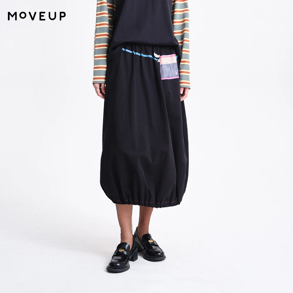 MOVEUP A-line Skirt 2026 Spring New Pure Cotton Stretch Waist Cartoon Printed Midi Skirt For Women Loose Retro Casual  3ELC20606