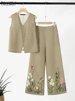 ZANZEA 2025 Summer Fashion Women 2PCS Vest Sets Sleeveless Camis Suits Casual Print Wide Leg Pant Sets Office Matching Outfits