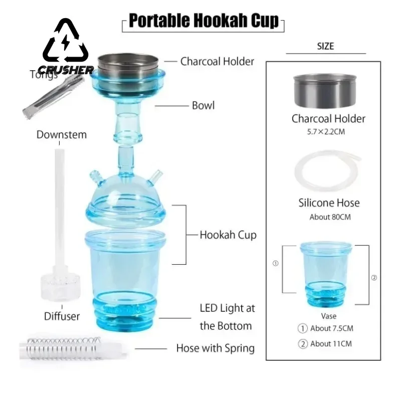 CRUSHER Cute Car Acrylic Hookah Smoking Cup with LED Light Metal Tobacco Bowl Water Pipe Narguile Complete Portable Party Shisha