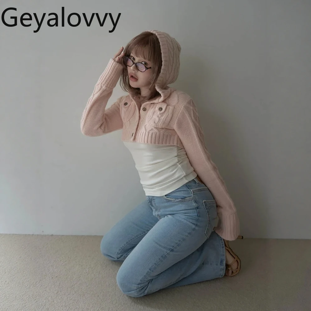 

Japanese Style Pure Desire Chest Embroidery Slim Fit Long Sleeve T-Shirt and Knit Hooded Short Cardigan Sweet Two-Piece Set