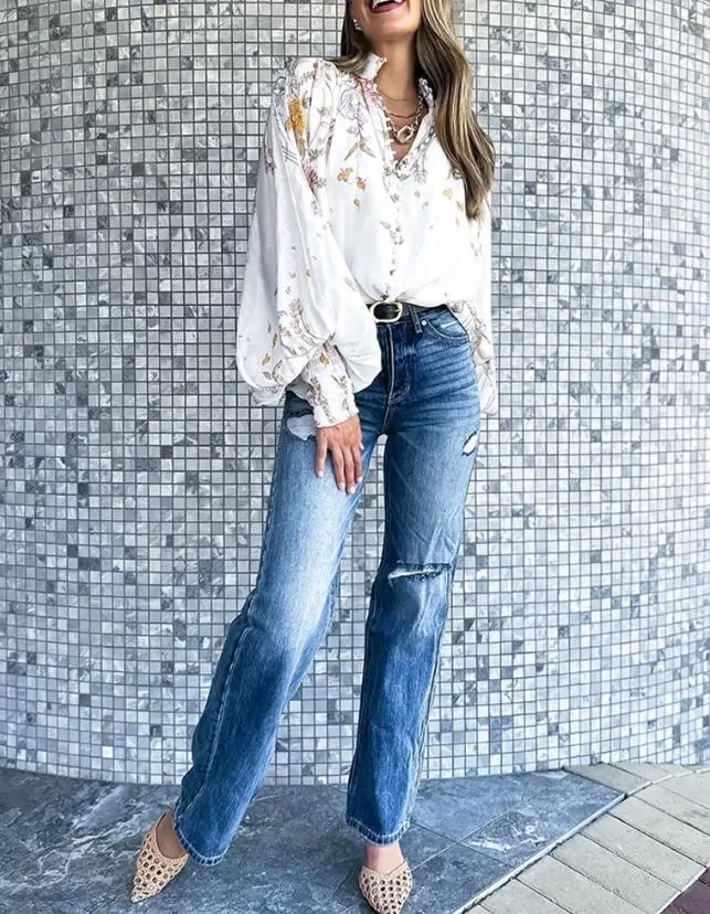 Printed button front lantern sleeve shirt, fashionable and casual loose top, new women's clothing for summer 2025