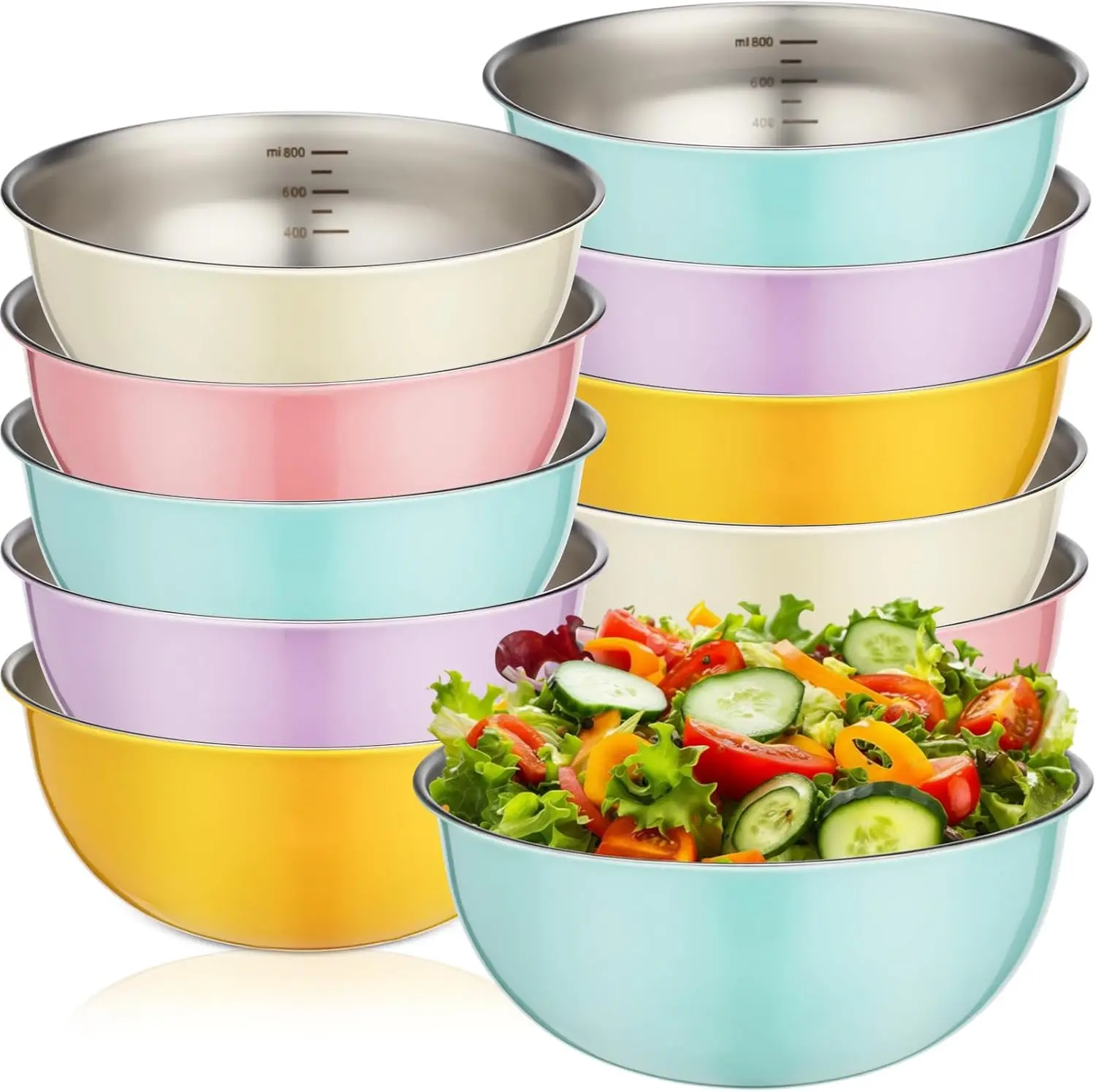 Juego de 10 Tazones para Mezclar de Acero Inoxidable de 34 oz, Tazones Metálicos para Ensalada con Graduaciones, Recipientes Reutilizables para Hornear y Almacenar Alimentos, Apilables, Ideales para Camping