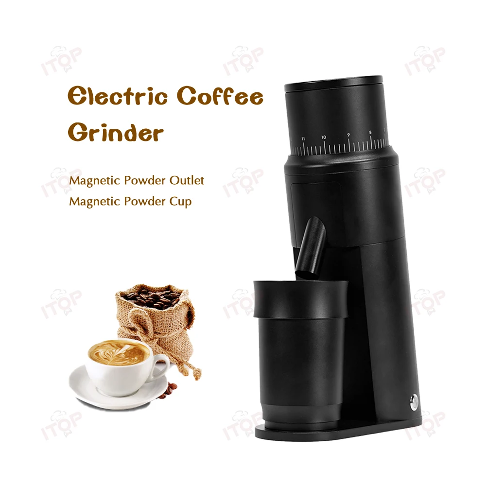 63mm Electric Coffee Grinder Single Dose Grinder Conical Burr Magnetic Powder Suction Port& Cup Stepless Adjustment